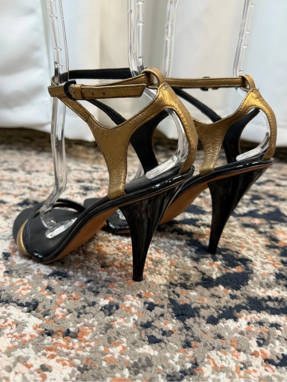 Rebecca Minkoff Black & Metallic Gold Leather Strappy Heeled Sandal Stiletto 7.5